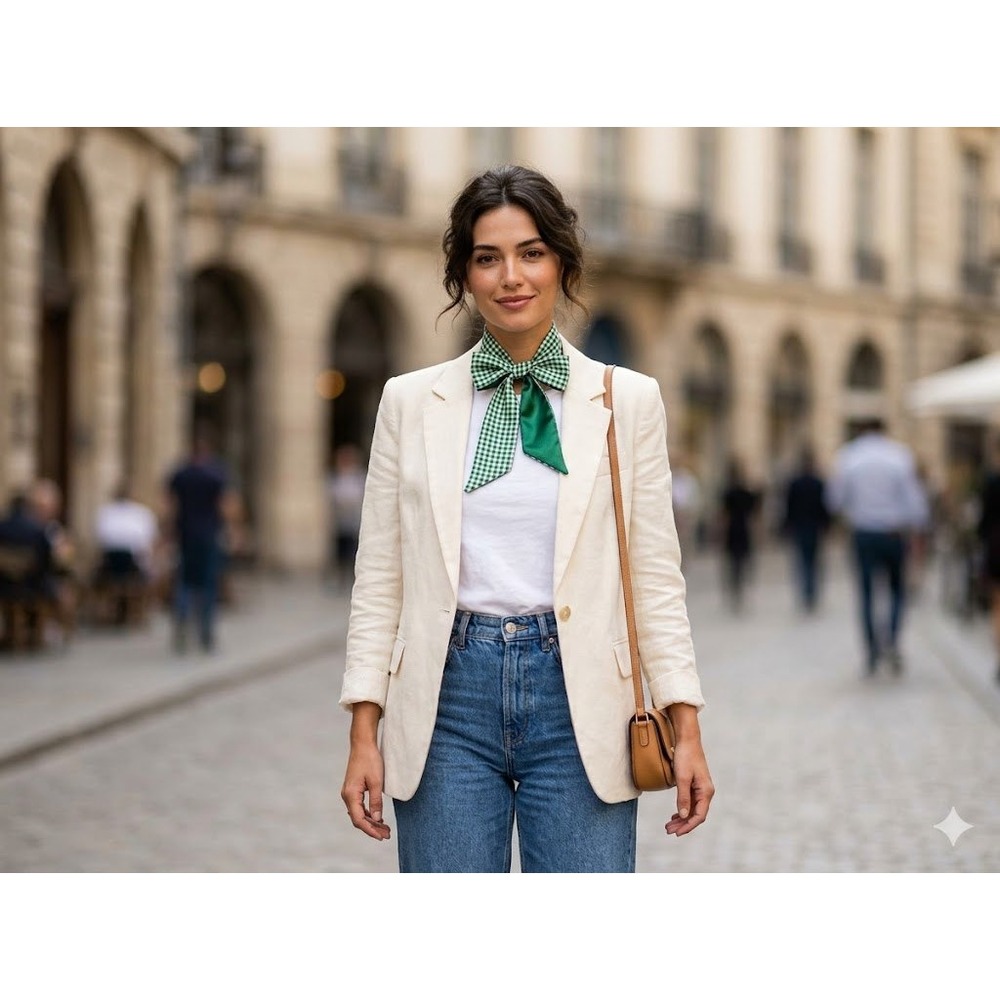 Green White Gingham Reversible Skinny Scarf Emerald Satin Hair Ribbon Necktie - Picture 2 of 9